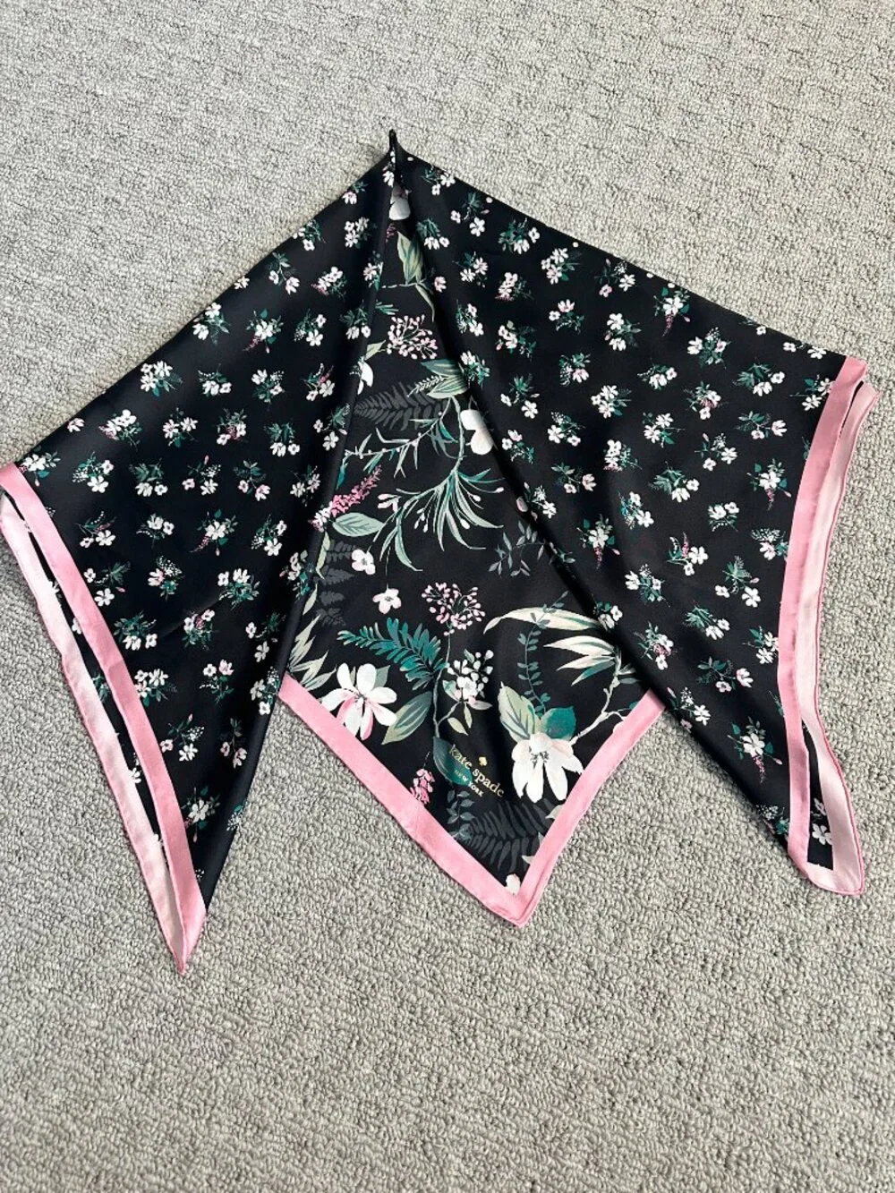 Kate Spade Black Botanical Floral Silk Square Scarf Pink Border Butterflies